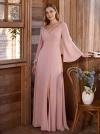 Modest Dusty Rose Chiffon column V-Neck Ankle-Length Bridesmaid Dress with Minimalist Design - Curvevia