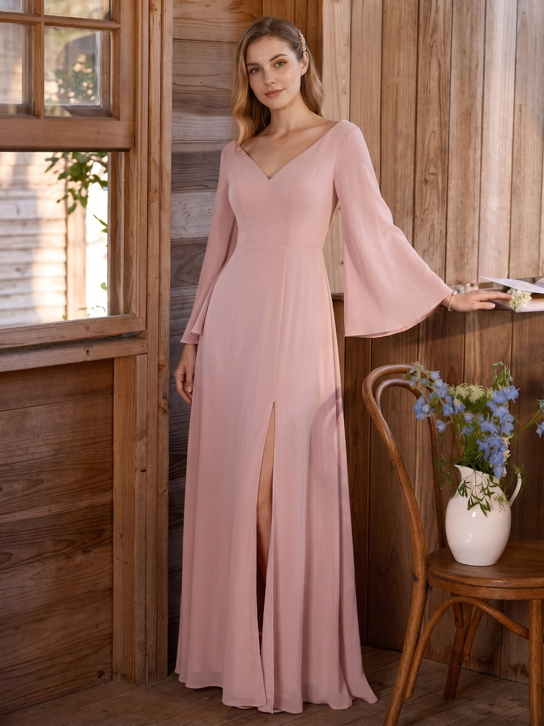 Modest Dusty Rose Chiffon column V-Neck Ankle-Length Bridesmaid Dress with Minimalist Design - Curvevia