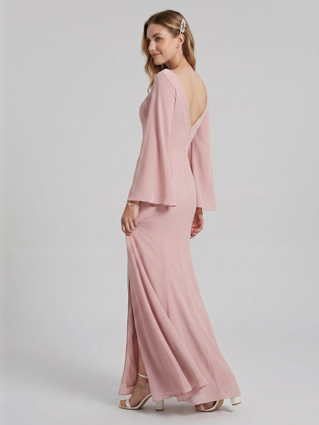 Modest Dusty Rose Chiffon column V-Neck Ankle-Length Bridesmaid Dress with Minimalist Design - Curvevia