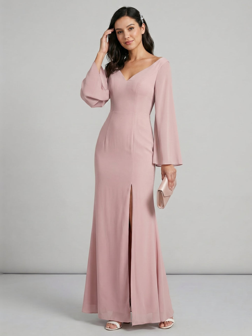 Modest Dusty Rose Chiffon column V-Neck Ankle-Length Bridesmaid Dress with Minimalist Design - Curvevia