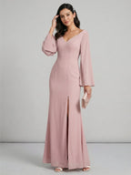 Modest Dusty Rose Chiffon column V-Neck Ankle-Length Bridesmaid Dress with Minimalist Design - Curvevia