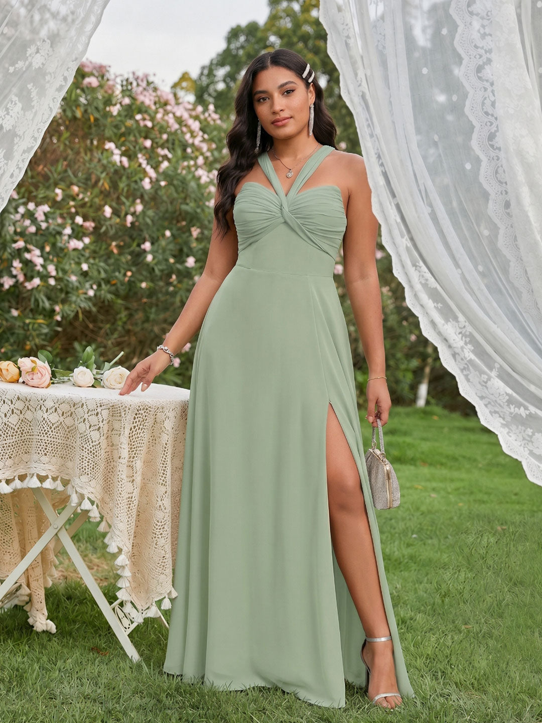 Modest Dusty Sage Chiffon A-Line Square Neck Ankle-Length Plus Size Bridesmaid Dress - Curvevia