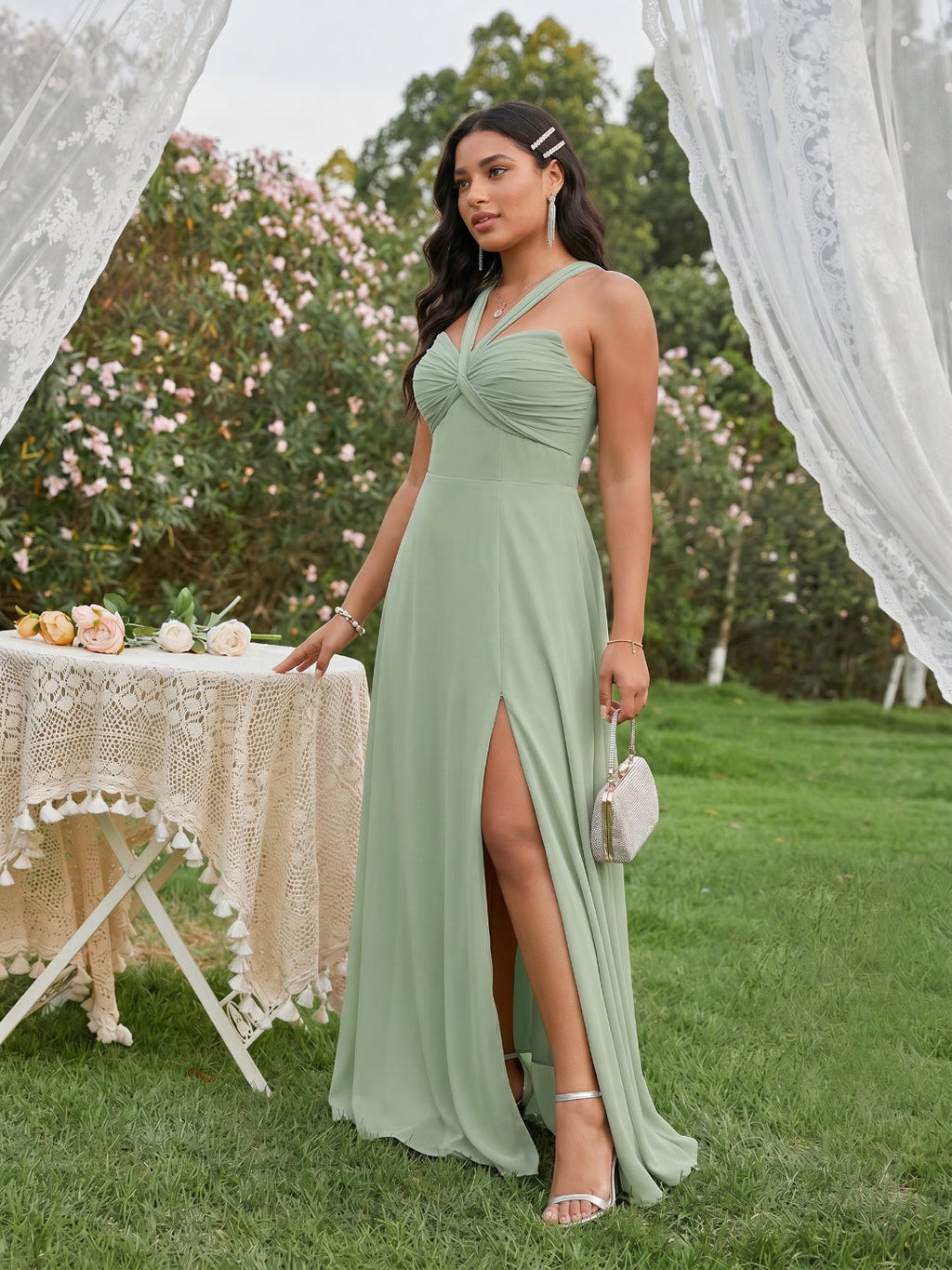 Modest Dusty Sage Chiffon A-Line Square Neck Ankle-Length Plus Size Bridesmaid Dress - Curvevia