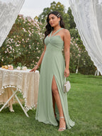 Modest Dusty Sage Chiffon A-Line Square Neck Ankle-Length Plus Size Bridesmaid Dress - Curvevia