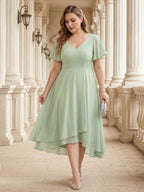 Modest Dusty Sage Chiffon A-Line V-Neck V-Back Asymmetrical Plus Size Bridesmaid Dress - Curvevia