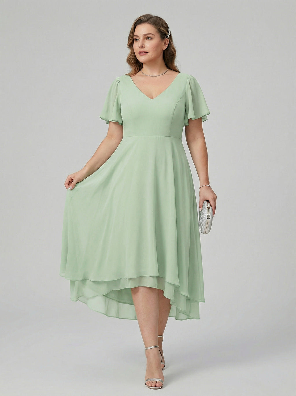 Modest Dusty Sage Chiffon A-Line V-Neck V-Back Asymmetrical Plus Size Bridesmaid Dress - Curvevia
