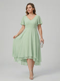 Modest Dusty Sage Chiffon A-Line V-Neck V-Back Asymmetrical Plus Size Bridesmaid Dress - Curvevia