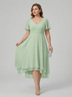Modest Dusty Sage Chiffon A-Line V-Neck V-Back Asymmetrical Plus Size Bridesmaid Dress - Curvevia