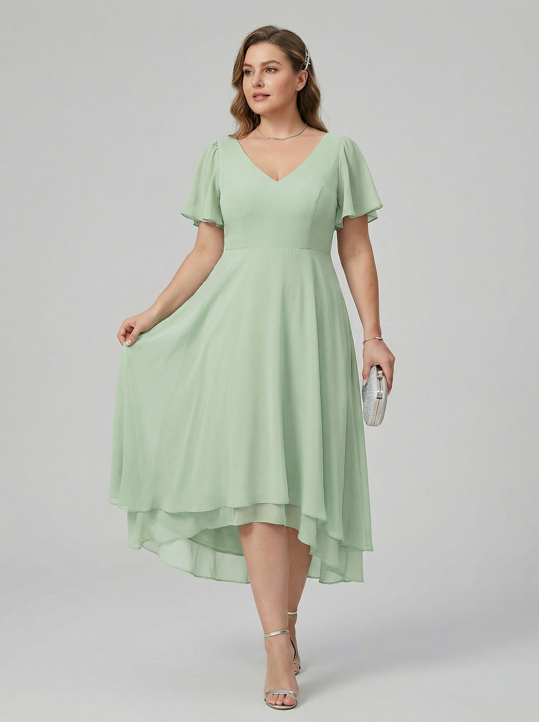 Modest Dusty Sage Chiffon A-Line V-Neck V-Back Asymmetrical Plus Size Bridesmaid Dress - Curvevia