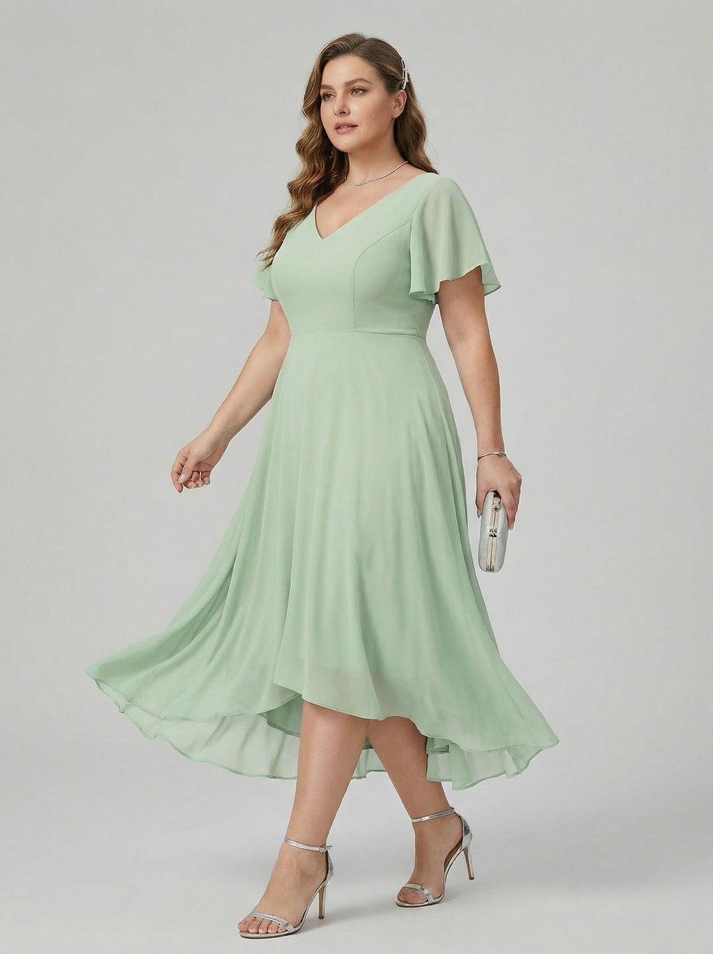 Modest Dusty Sage Chiffon A-Line V-Neck V-Back Asymmetrical Plus Size Bridesmaid Dress - Curvevia