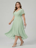 Modest Dusty Sage Chiffon A-Line V-Neck V-Back Asymmetrical Plus Size Bridesmaid Dress - Curvevia