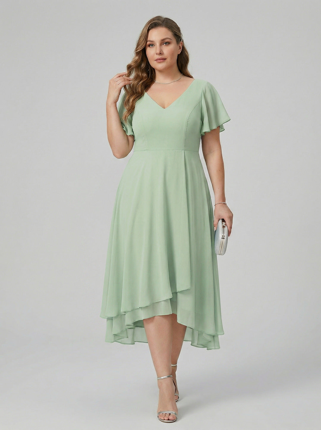 Modest Dusty Sage Chiffon A-Line V-Neck V-Back Asymmetrical Plus Size Bridesmaid Dress - Curvevia