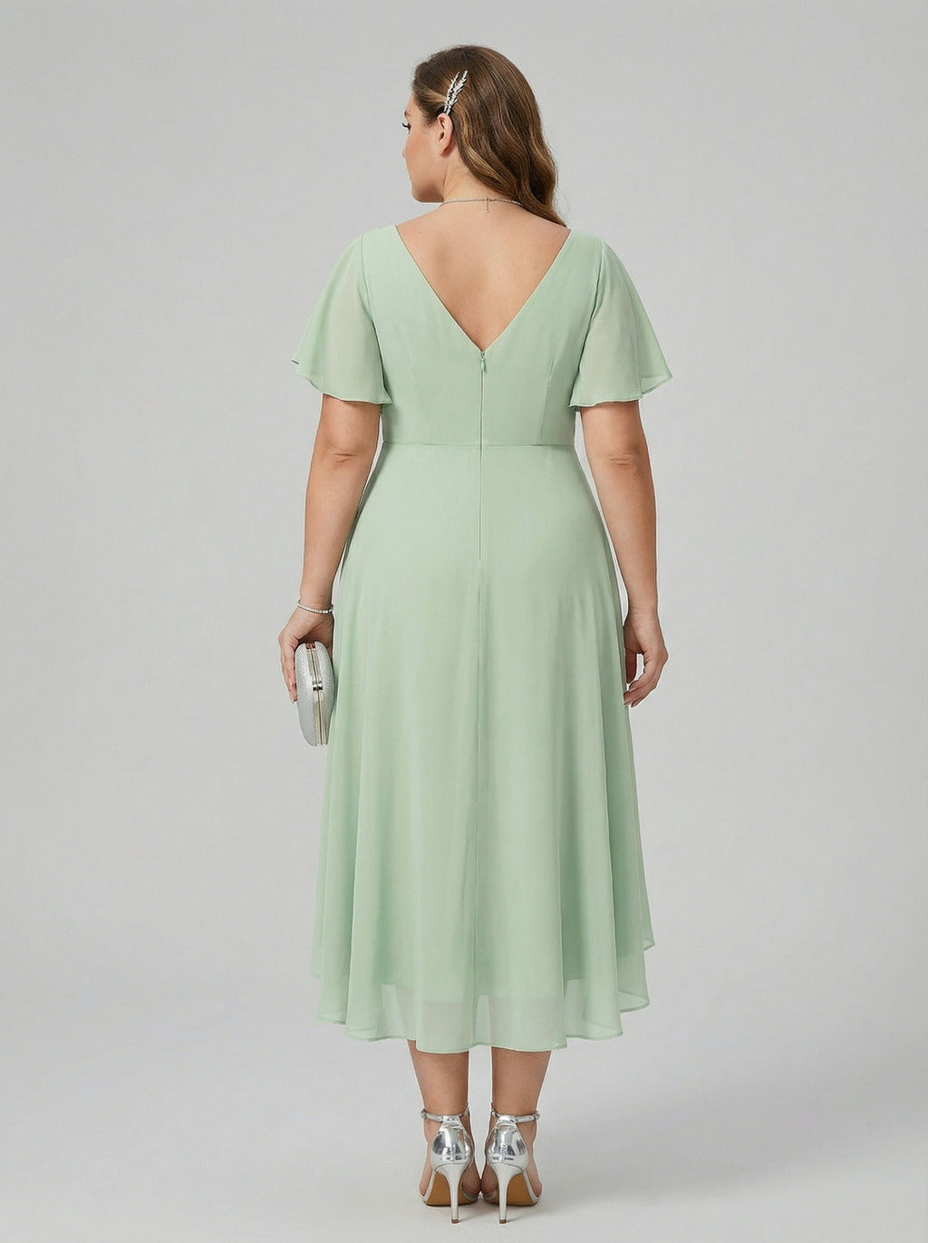 Modest Dusty Sage Chiffon A-Line V-Neck V-Back Asymmetrical Plus Size Bridesmaid Dress - Curvevia