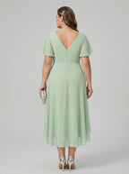 Modest Dusty Sage Chiffon A-Line V-Neck V-Back Asymmetrical Plus Size Bridesmaid Dress - Curvevia