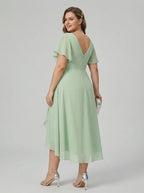 Modest Dusty Sage Chiffon A-Line V-Neck V-Back Asymmetrical Plus Size Bridesmaid Dress - Curvevia