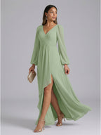 Modest Dusty Sage Chiffon A-Line V-Neck V-Back with Ruffle Ankle-Length Bridesmaid Dress - Curvevia
