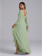 Modest Dusty Sage Chiffon A-Line V-Neck V-Back with Ruffle Ankle-Length Bridesmaid Dress - Curvevia