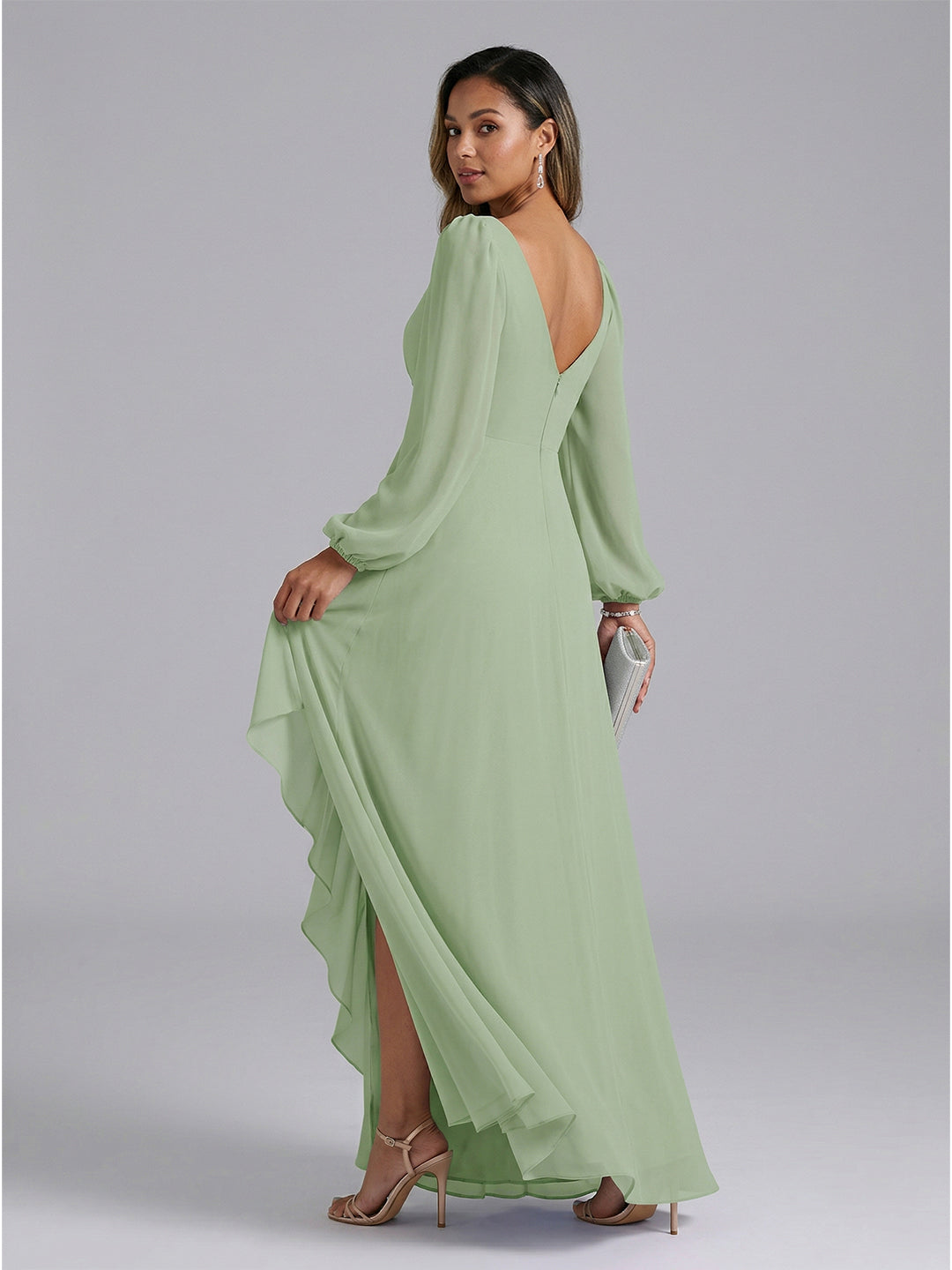 Modest Dusty Sage Chiffon A-Line V-Neck V-Back with Ruffle Ankle-Length Bridesmaid Dress - Curvevia
