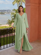 Modest Dusty Sage Chiffon A-Line V-Neck V-Back with Ruffle Ankle-Length Bridesmaid Dress - Curvevia