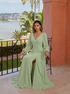 Modest Dusty Sage Chiffon A-Line V-Neck V-Back with Ruffle Ankle-Length Bridesmaid Dress - Curvevia
