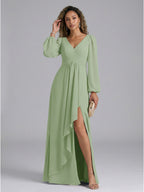 Modest Dusty Sage Chiffon A-Line V-Neck V-Back with Ruffle Ankle-Length Bridesmaid Dress - Curvevia