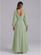 Modest Dusty Sage Chiffon A-Line V-Neck V-Back with Ruffle Ankle-Length Bridesmaid Dress - Curvevia