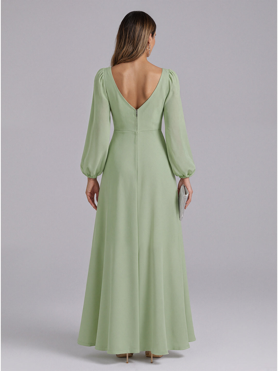 Modest Dusty Sage Chiffon A-Line V-Neck V-Back with Ruffle Ankle-Length Bridesmaid Dress - Curvevia
