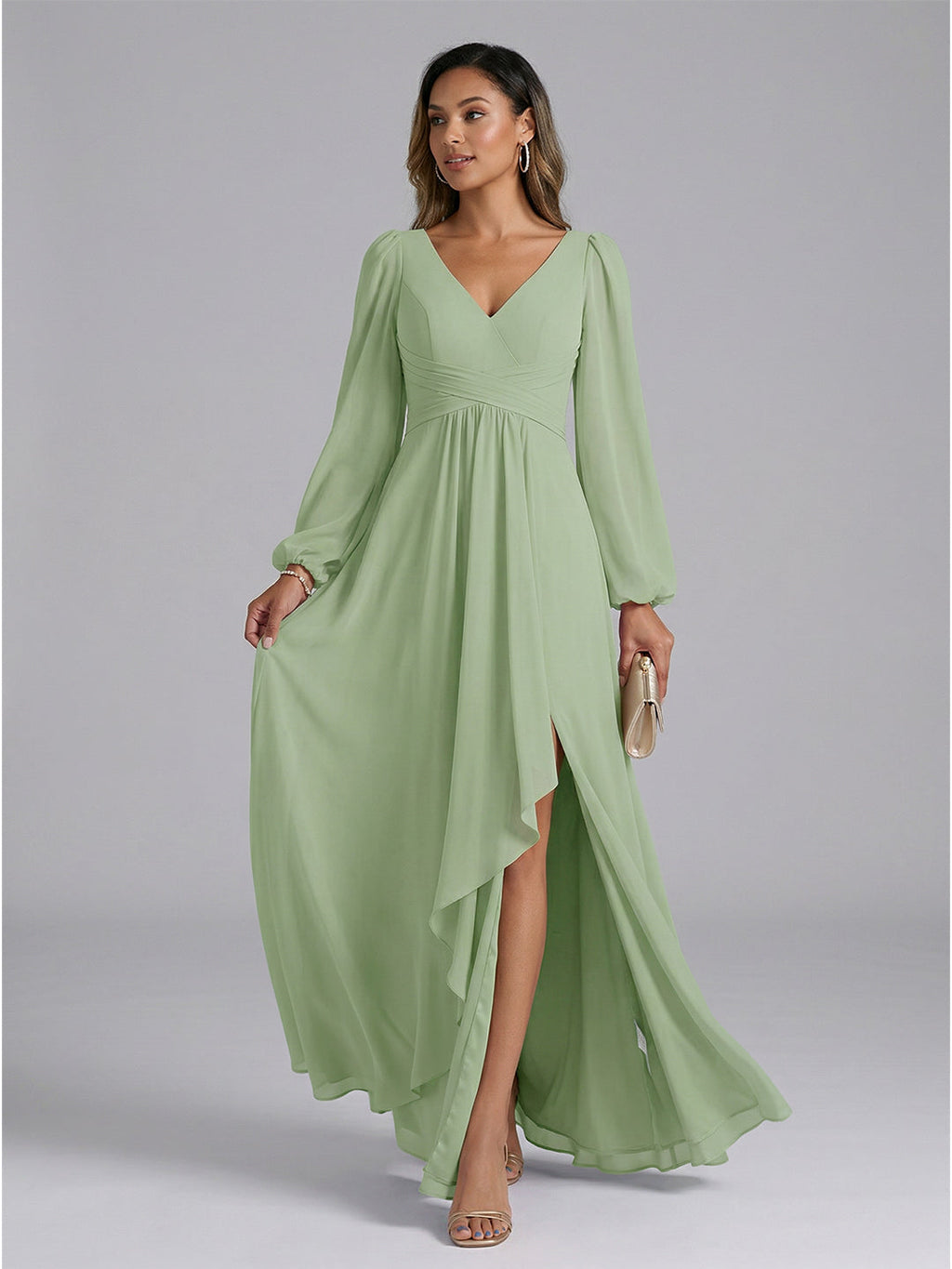 Modest Dusty Sage Chiffon A-Line V-Neck V-Back with Ruffle Ankle-Length Bridesmaid Dress - Curvevia
