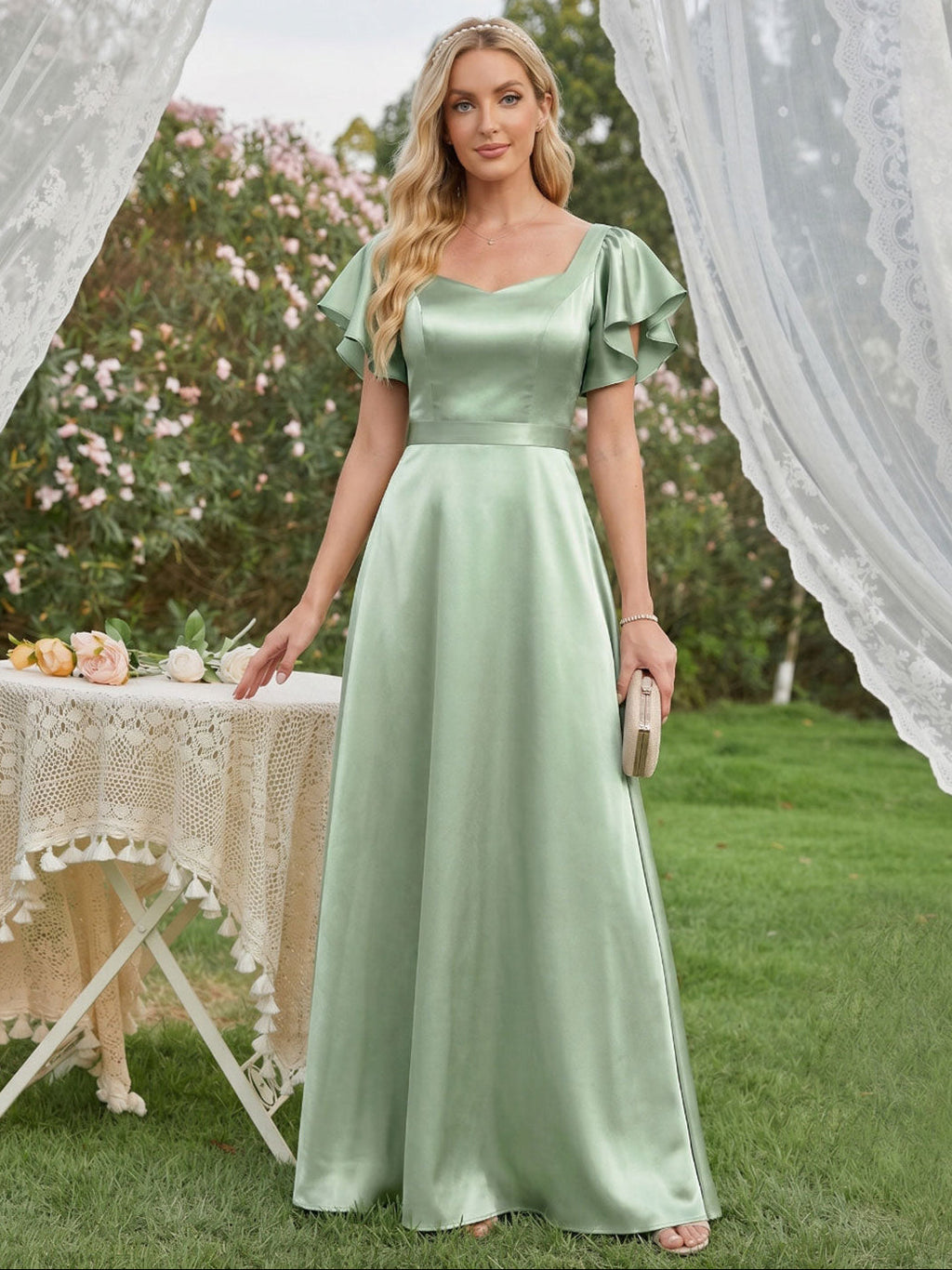 Modest Dusty Sage Satin A-Line Square Neck Backless Bow Ankle-Length Bridesmaid Dress - Curvevia