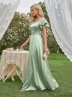 Modest Dusty Sage Satin A-Line Square Neck Backless Bow Ankle-Length Bridesmaid Dress - Curvevia