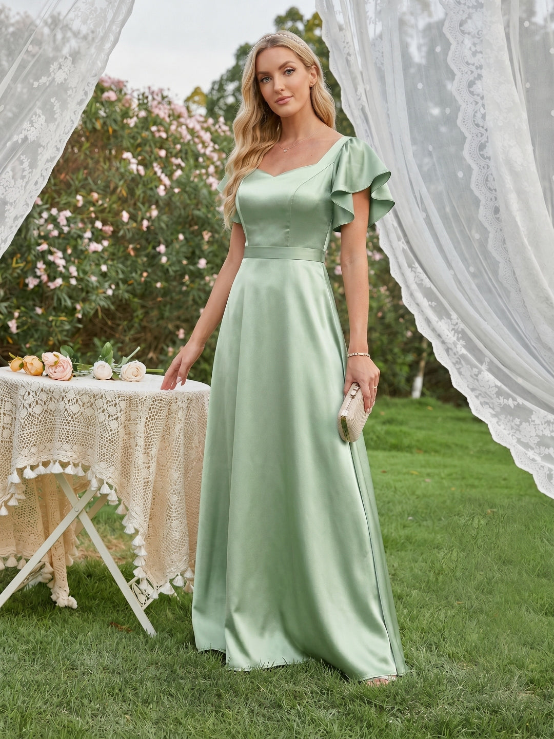 Modest Dusty Sage Satin A-Line Square Neck Backless Bow Ankle-Length Bridesmaid Dress - Curvevia