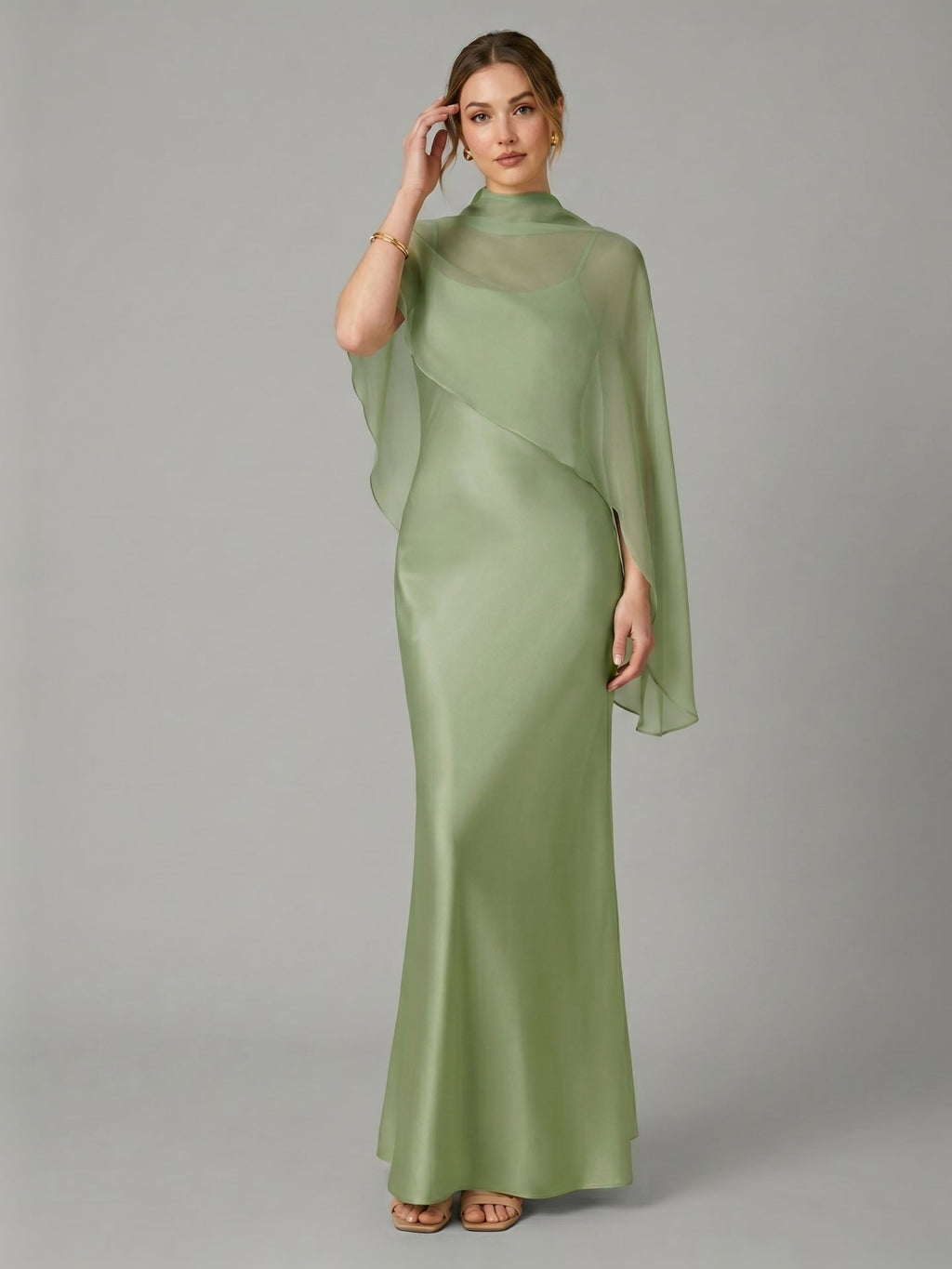 Modest Dusty Sage Satin A-Line Square Neck Side Zip Ankle-Length Bridesmaid Dress - Curvevia