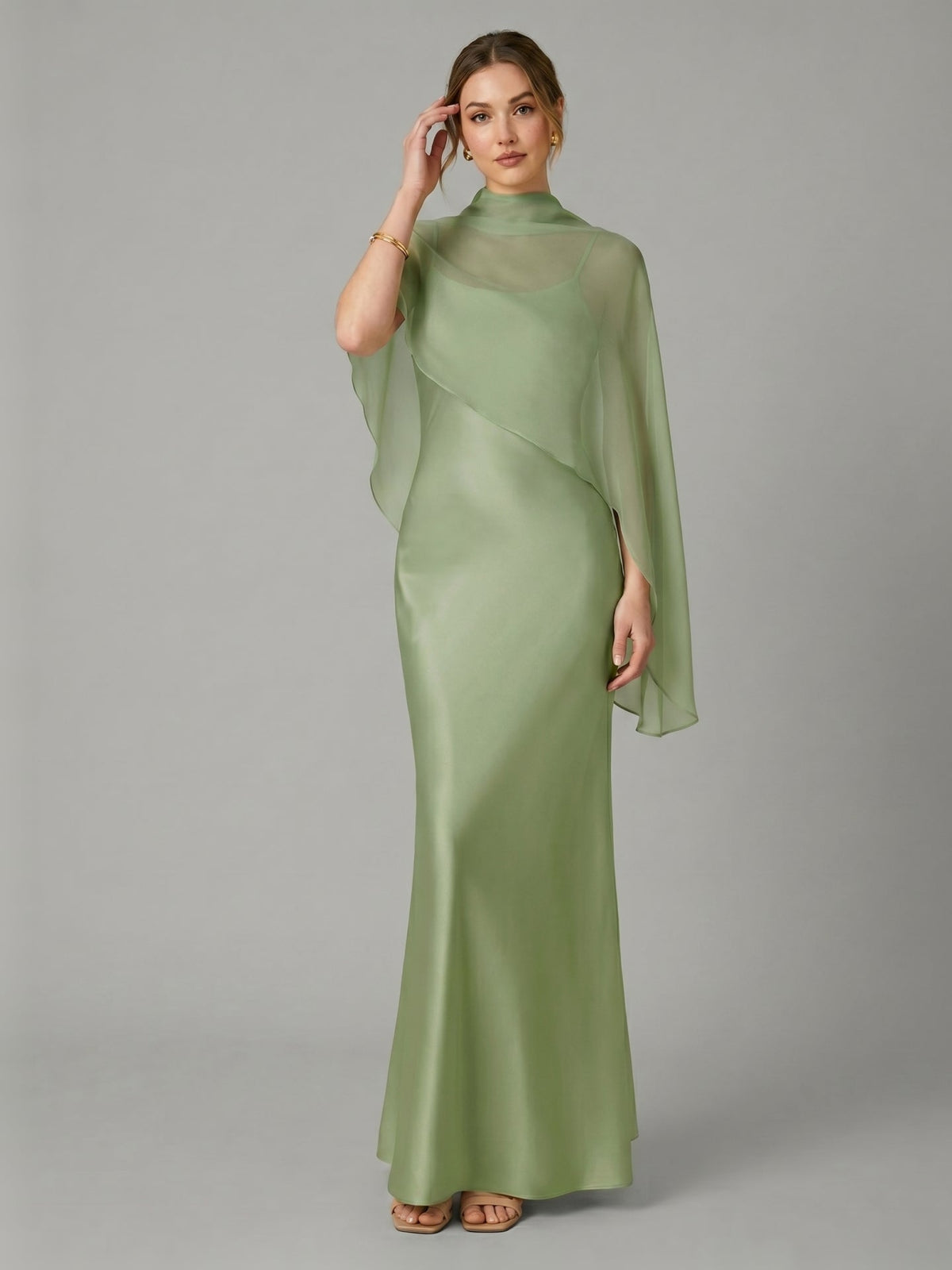 Modest Dusty Sage Satin A-Line Square Neck Side Zip Ankle-Length Bridesmaid Dress - Curvevia