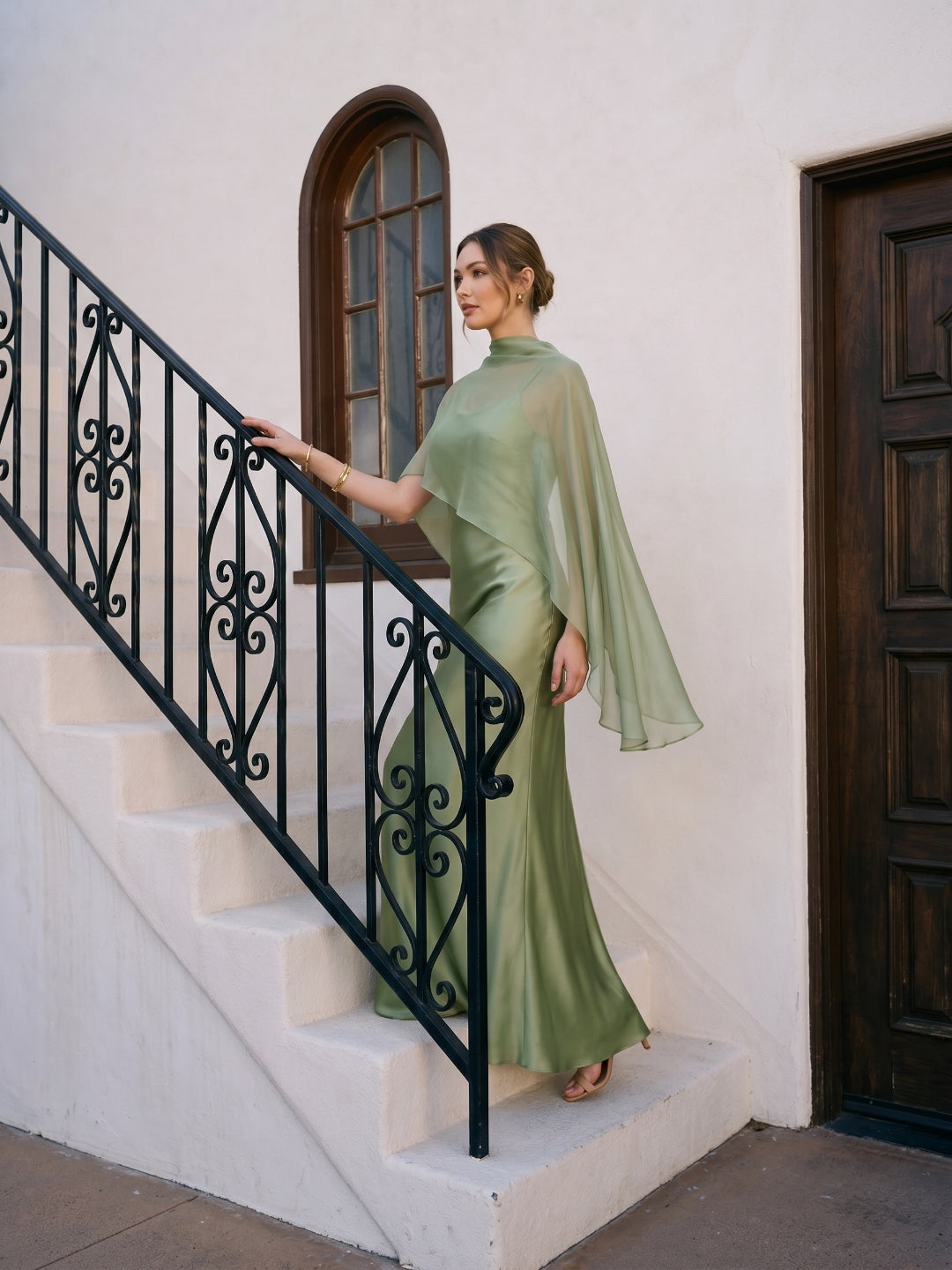 Modest Dusty Sage Satin A-Line Square Neck Side Zip Ankle-Length Bridesmaid Dress - Curvevia