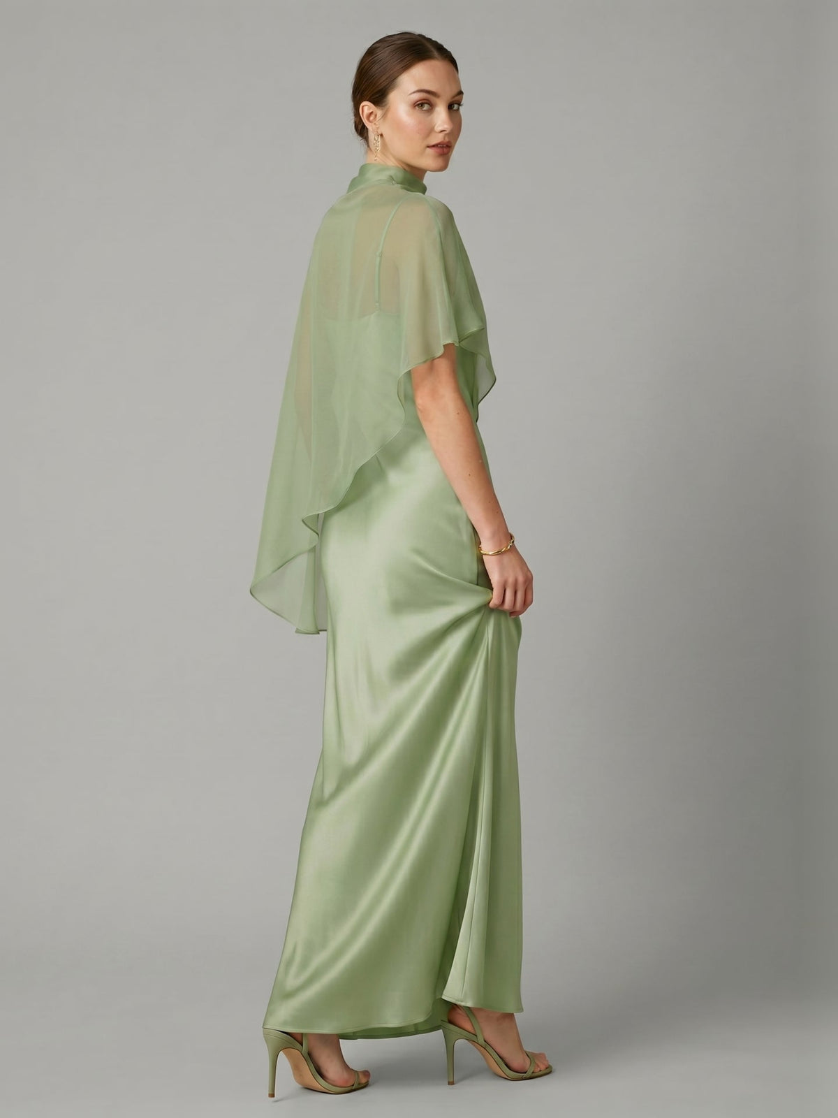 Modest Dusty Sage Satin A-Line Square Neck Side Zip Ankle-Length Bridesmaid Dress - Curvevia