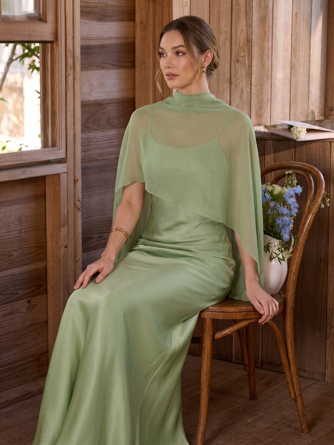 Modest Dusty Sage Satin A-Line Square Neck Side Zip Ankle-Length Bridesmaid Dress - Curvevia