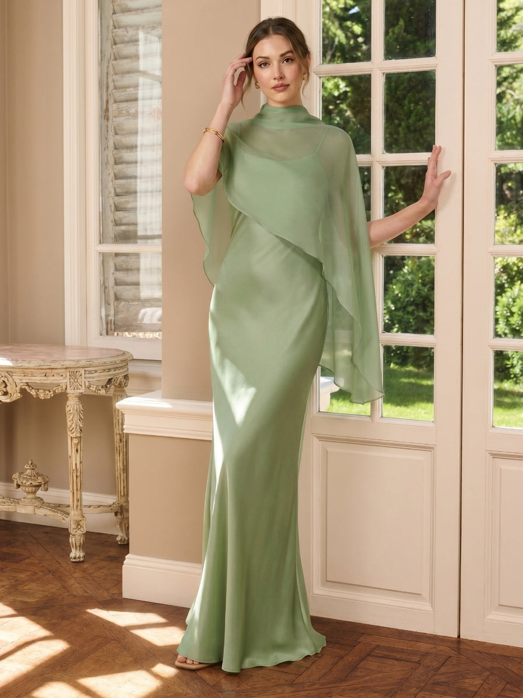 Modest Dusty Sage Satin A-Line Square Neck Side Zip Ankle-Length Bridesmaid Dress - Curvevia