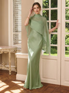 Modest Dusty Sage Satin A-Line Square Neck Side Zip Ankle-Length Bridesmaid Dress - Curvevia