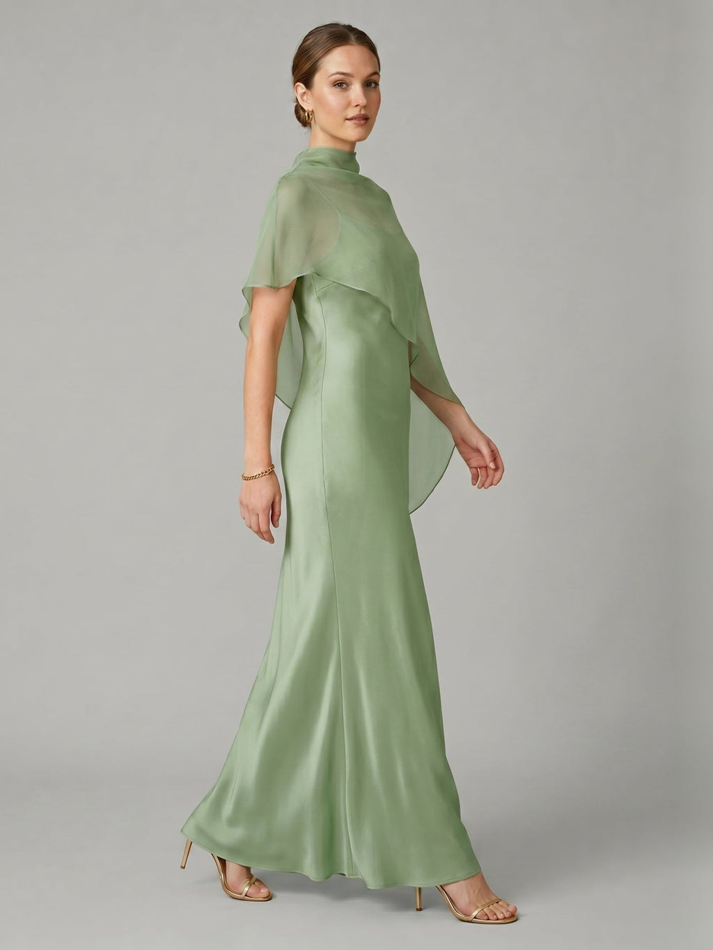 Modest Dusty Sage Satin A-Line Square Neck Side Zip Ankle-Length Bridesmaid Dress - Curvevia