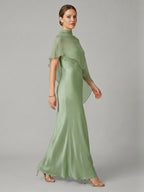 Modest Dusty Sage Satin A-Line Square Neck Side Zip Ankle-Length Bridesmaid Dress - Curvevia