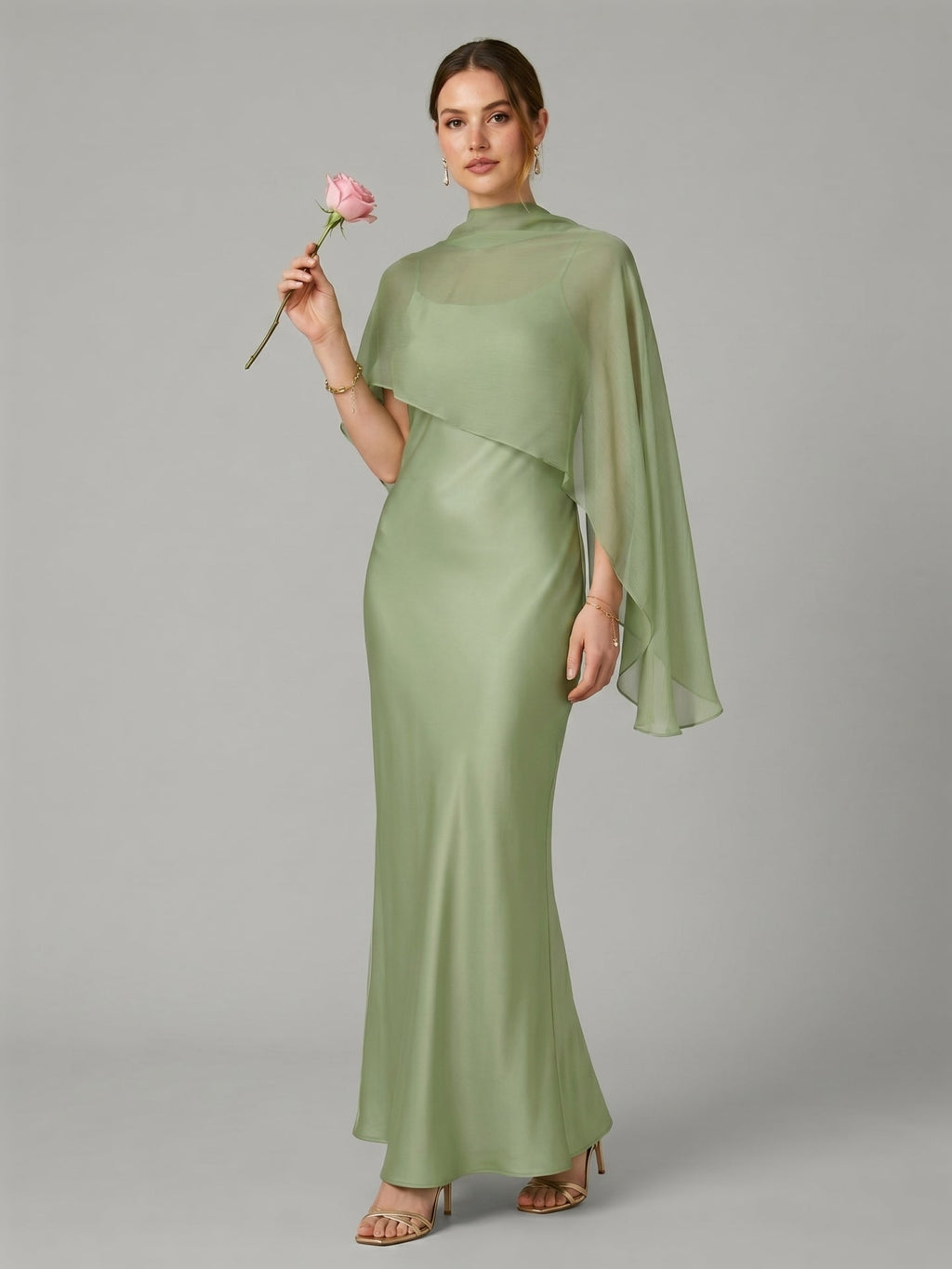 Modest Dusty Sage Satin A-Line Square Neck Side Zip Ankle-Length Bridesmaid Dress - Curvevia