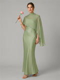 Modest Dusty Sage Satin A-Line Square Neck Side Zip Ankle-Length Bridesmaid Dress - Curvevia