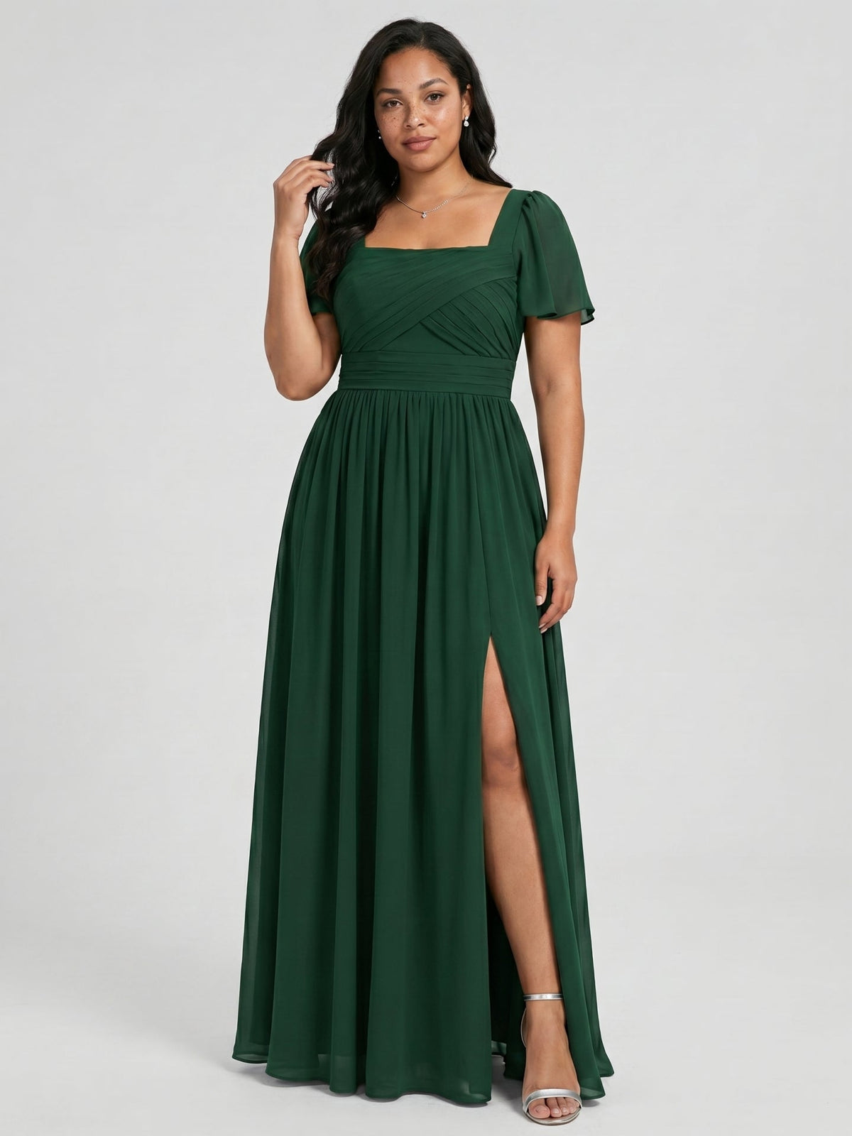 Modest Forest Green Chiffon A-Line Square Neck Back Zip with Pleated Ankle-Length Bridesmaid Dress - Curvevia