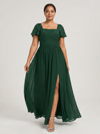 Modest Forest Green Chiffon A-Line Square Neck Back Zip with Pleated Ankle-Length Bridesmaid Dress - Curvevia
