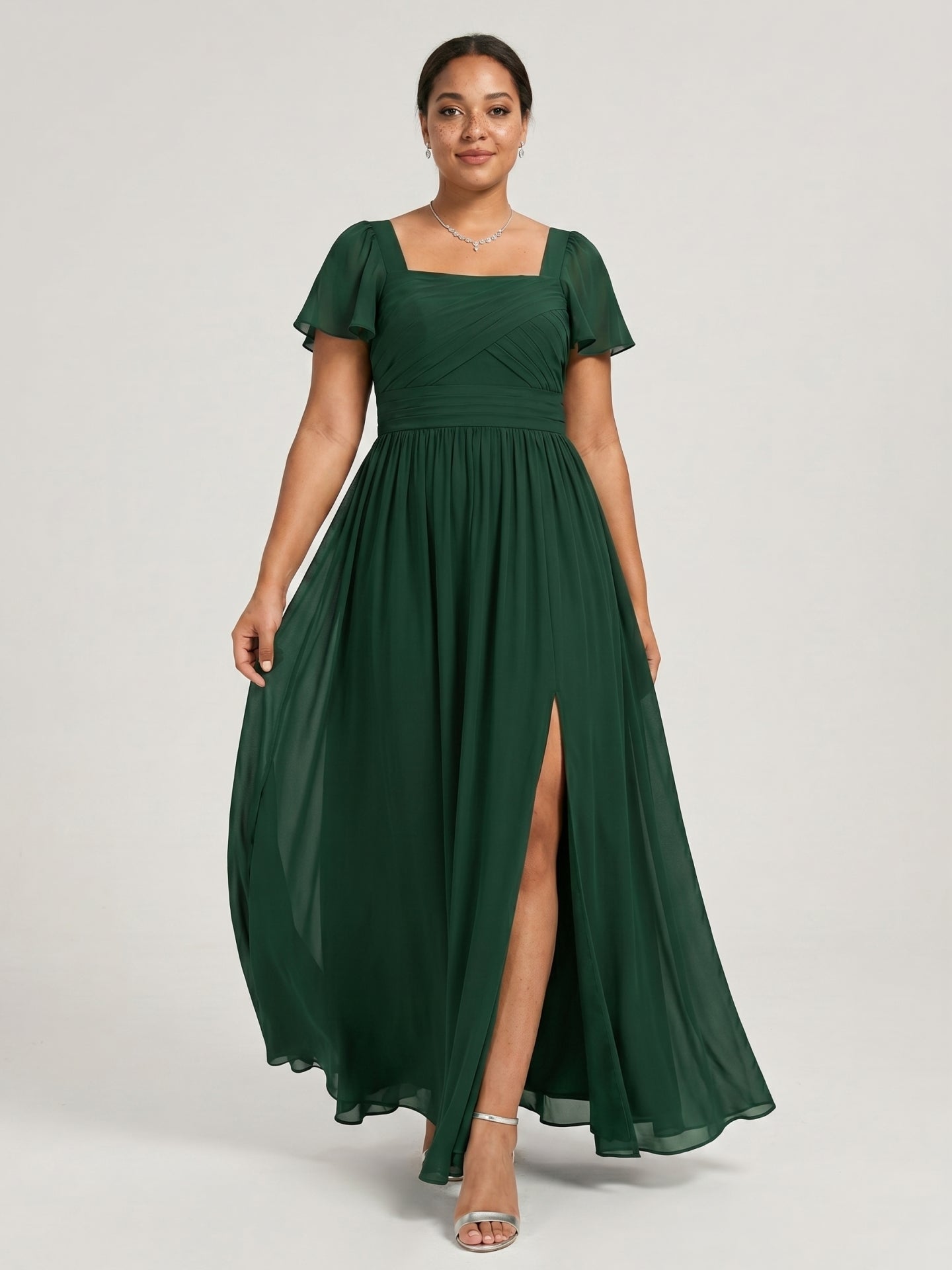 Modest Forest Green Chiffon A-Line Square Neck Back Zip with Pleated Ankle-Length Bridesmaid Dress - Curvevia