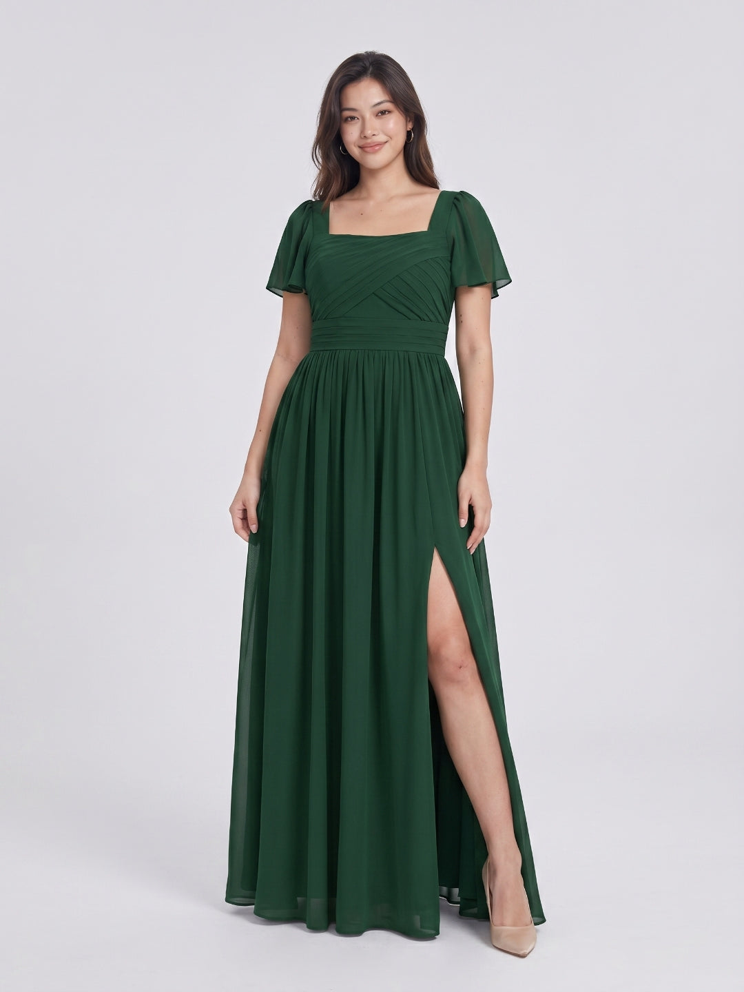 Modest Forest Green Chiffon A-Line Square Neck Back Zip with Pleated Ankle-Length Bridesmaid Dress - Curvevia
