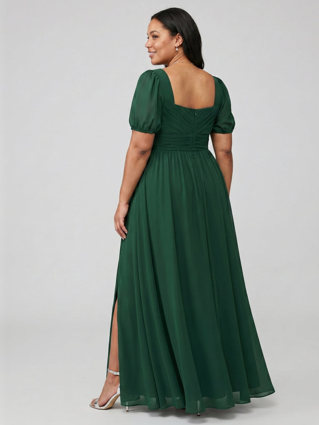 Modest Forest Green Chiffon A-Line Square Neck Back Zip with Pleated Ankle-Length Bridesmaid Dress - Curvevia