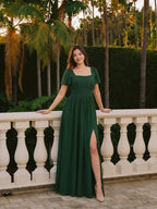 Modest Forest Green Chiffon A-Line Square Neck Back Zip with Pleated Ankle-Length Bridesmaid Dress - Curvevia
