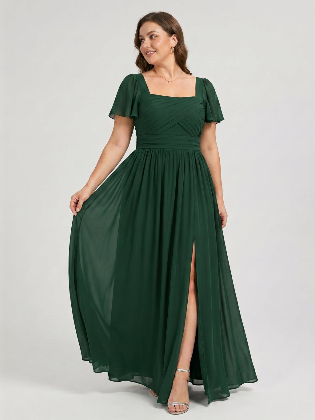 Modest Forest Green Chiffon A-Line Square Neck Back Zip with Pleated Ankle-Length Bridesmaid Dress - Curvevia