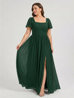 Modest Forest Green Chiffon A-Line Square Neck Back Zip with Pleated Ankle-Length Bridesmaid Dress - Curvevia